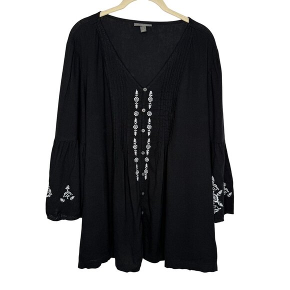 Style & Co Black Embroidered V-Neck Tunic Blouse, XL - Picture 1 of 9